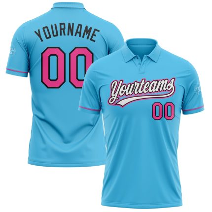 Custom Name Number Performance Vapor Golf Polo Shirt Sky Blue Pink Black Personalized Sky Blue Pink-Black Performance Vapor