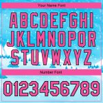 Custom Name Number Winter Landscape Snowy Trees Watercolor Bomber Varsity Jacket 3D Pattern Sky Blue Pink-Black Design Personalized