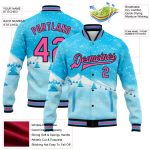 Custom Name Number Winter Landscape Snowy Trees Watercolor Bomber Varsity Jacket 3D Pattern Sky Blue Pink-Black Design Personalized