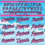 Custom Name Number Winter Landscape Snowy Trees Watercolor Bomber Varsity Jacket 3D Pattern Sky Blue Pink-Black Design Personalized