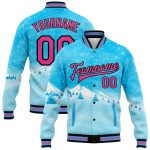 Custom Name Number Winter Landscape Snowy Trees Watercolor Bomber Varsity Jacket 3D Pattern Sky Blue Pink-Black Design Personalized