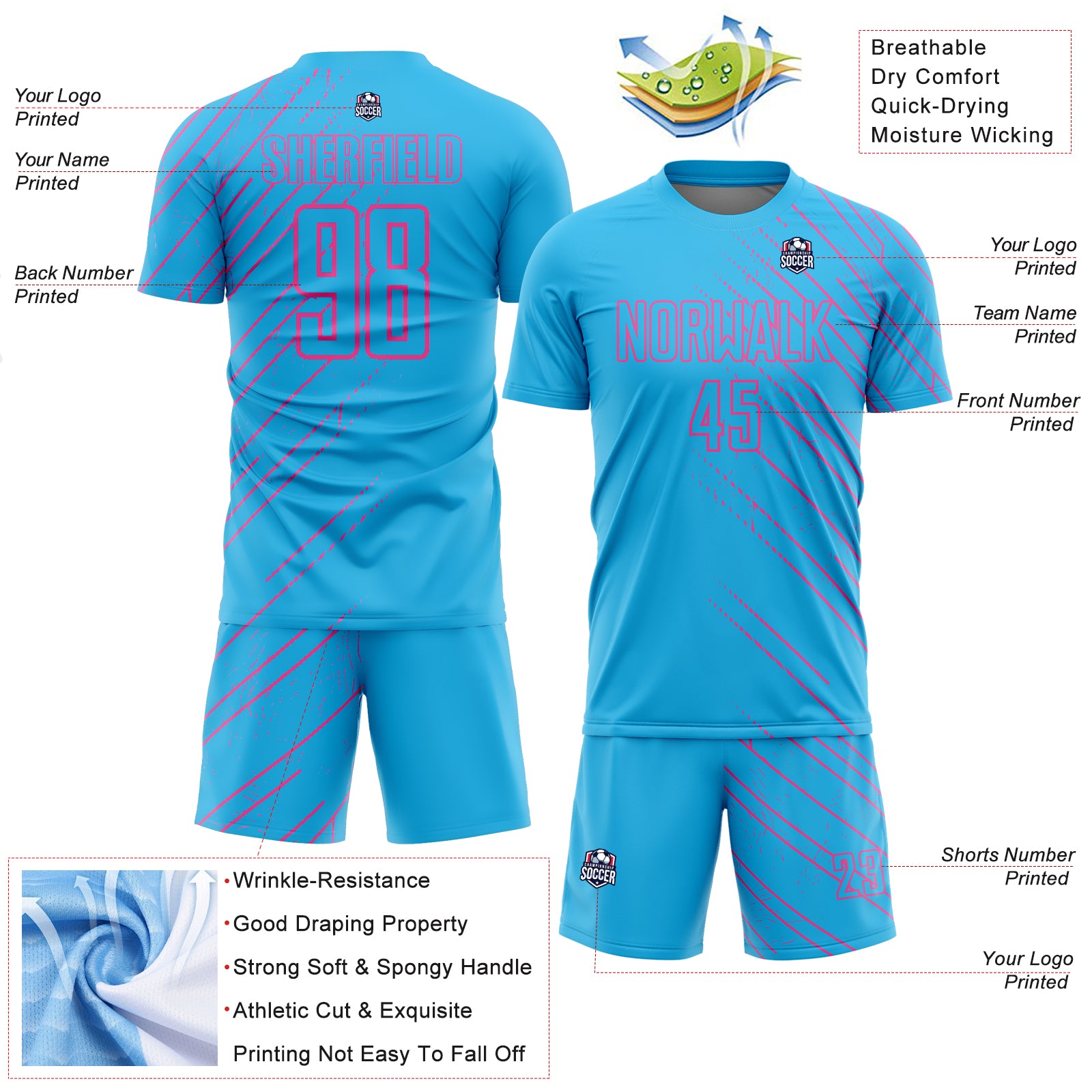 Personalized Sky Blue Pink Lines Sublimation Soccer Uniform Jersey Team Custom Name and Number Custom Name and Number Soccer Jersey - Personalized Sky Blue Pink Lines Uniform Personalized Sky Blue Pink Lines Sublimation - Image 4