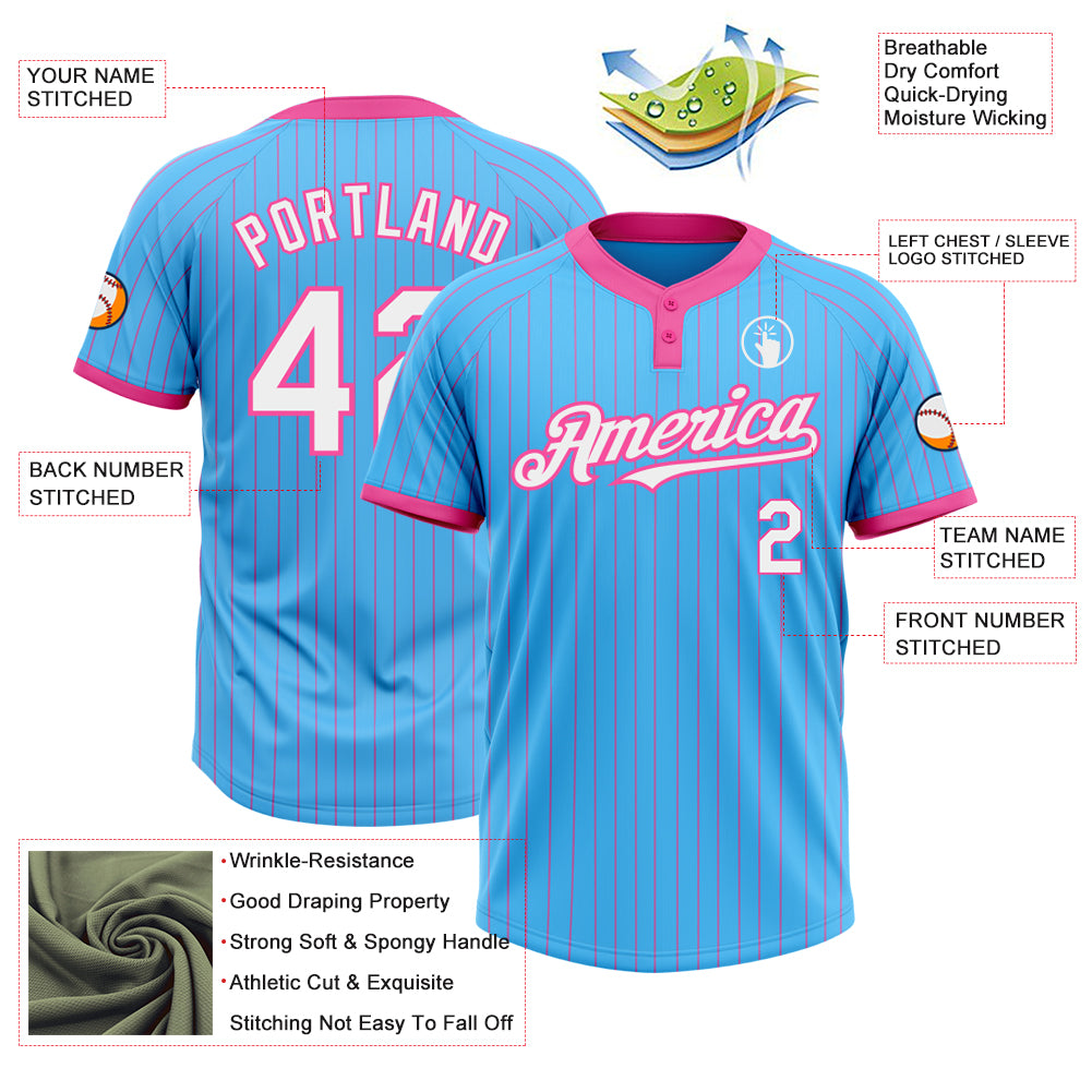 Personalized Sky Blue Pink Pinstripe White Two-Button Unisex Softball Jersey Team Custom Name and Number Custom Name and Number Unisex Softball Jersey - Sky Blue Pink Pinstripe Two-Button - Personalized Team Apparel Personalized - Image 3