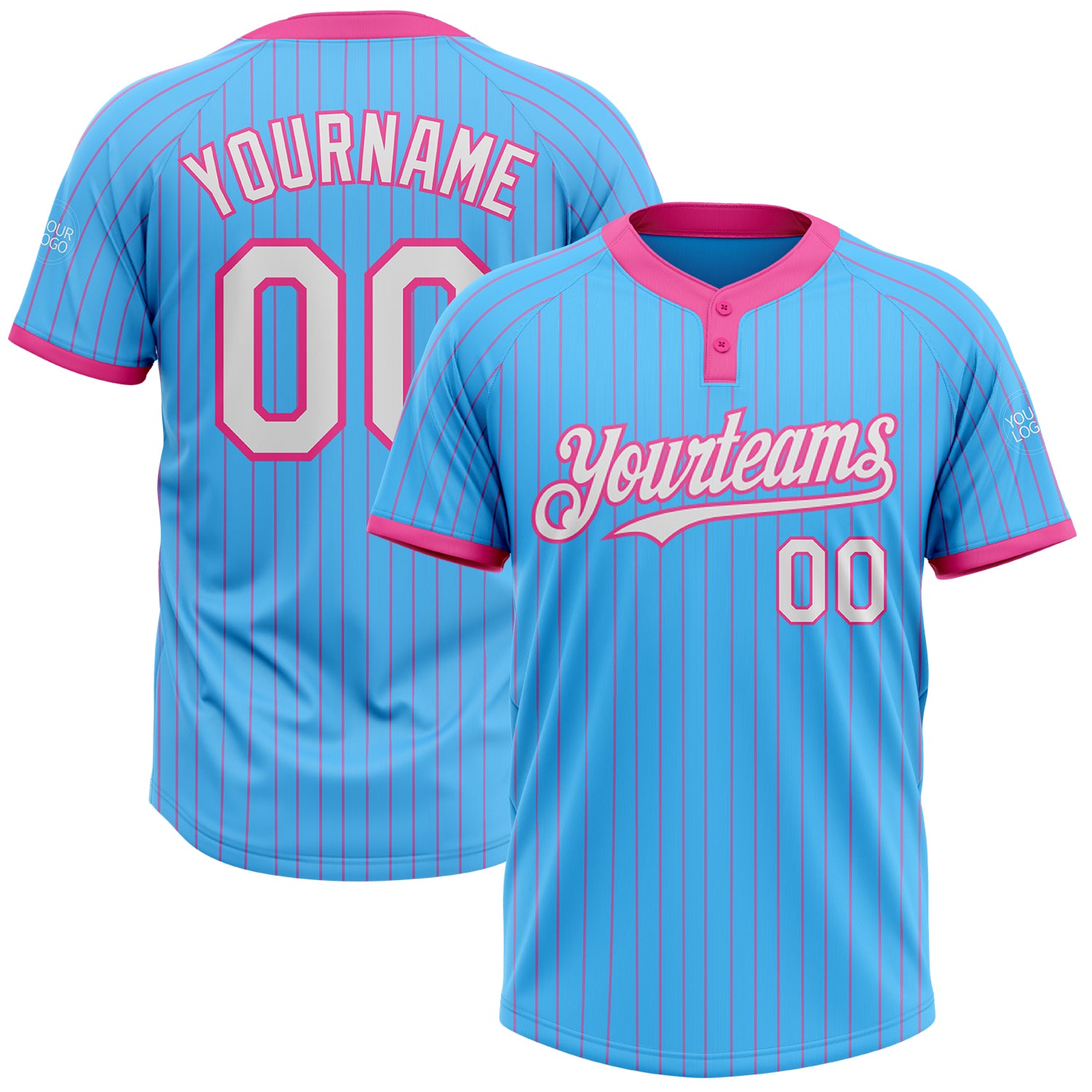 Custom Name and Number Unisex Softball Jersey - Sky Blue Pink Pinstripe Two-Button - Personalized Team Apparel Personalized