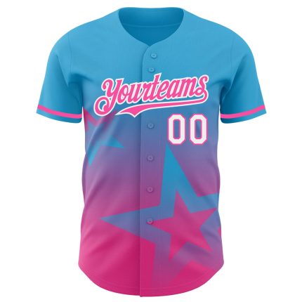 Personalized Gradient Twinkle Star Baseball Jersey with Custom Name & Number - Sky Blue Pink-White 3D Pattern Design Personalized
