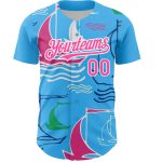 Personalized Sailing Boats 3D Pattern Baseball Jersey with Custom Name and Number - Sky Blue Pink White Design Personalized