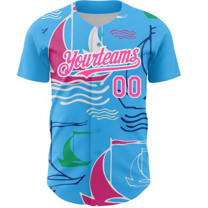Personalized Sailing Boats 3D Pattern Baseball Jersey with Custom Name and Number - Sky Blue Pink White Design Personalized