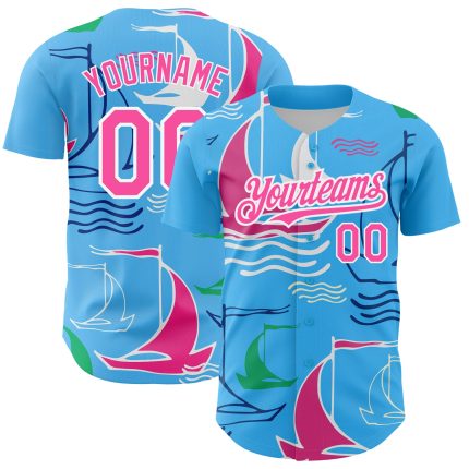 Personalized Sailing Boats 3D Pattern Baseball Jersey with Custom Name and Number - Sky Blue Pink White Design Personalized