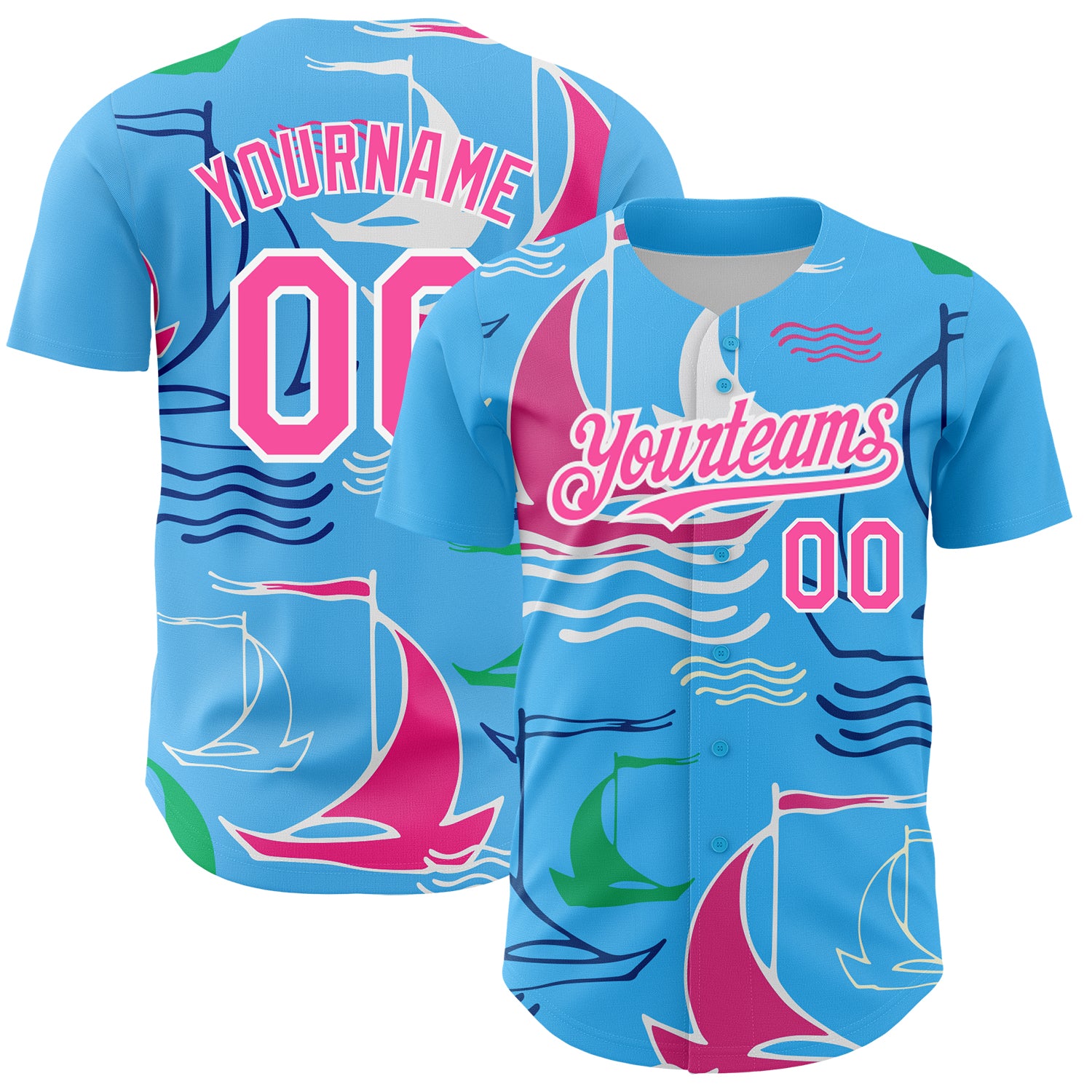 Personalized Sailing Boats 3D Pattern Baseball Jersey with Custom Name and Number - Sky Blue Pink White Design Personalized