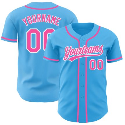 Custom Name and Number Authentic Baseball Jersey - Personalized Pink-White Sky Blue Team Colors Personalized Sky Blue Pink-White