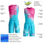 Custom Team Basketball Jersey with Personalized Name & Number, Sky Blue Pink-White Gradient Two Tone Diamond Shape Round Neck