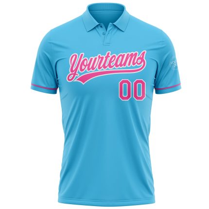 Custom Name and Number Personalized Performance Golf Polo Shirt - Sky Blue Pink White Personalized Sky Blue Pink-White Performance
