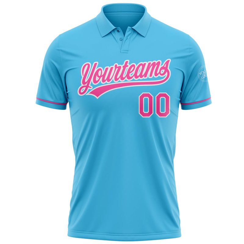 Custom Name and Number Personalized Performance Golf Polo Shirt - Sky Blue Pink White Personalized Sky Blue Pink-White Performance