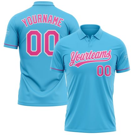 Custom Name and Number Personalized Performance Golf Polo Shirt - Sky Blue Pink White Personalized Sky Blue Pink-White Performance