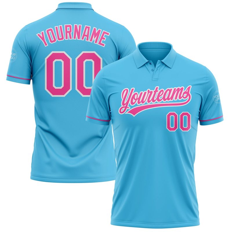 Custom Name and Number Personalized Performance Golf Polo Shirt - Sky Blue Pink White Personalized Sky Blue Pink-White Performance