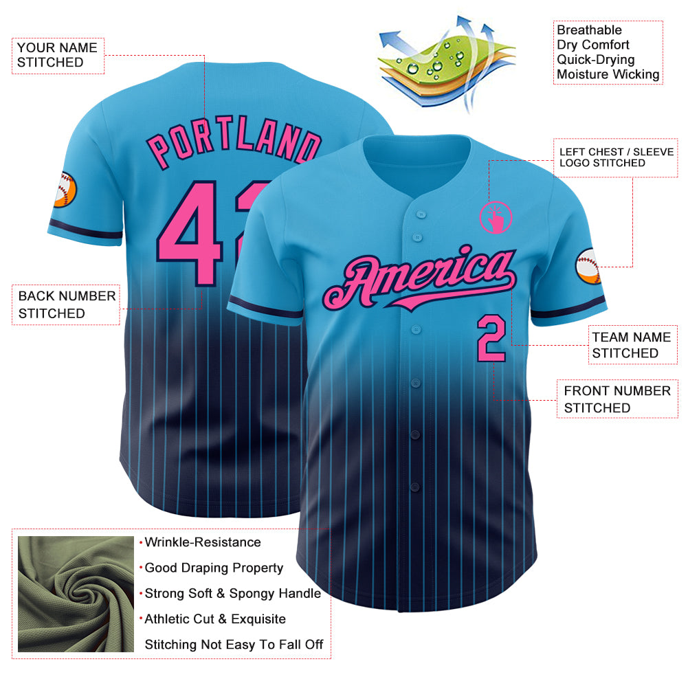 Personalized Sky Blue Pinstripe Pink-Navy Authentic Fade Fashion Baseball Jersey Team Custom Name and Number Personalized Sky Blue Pinstripe Baseball Jersey Custom Name & Number | Authentic Fade Fashion Team Jersey Personalized Sky - Image 4