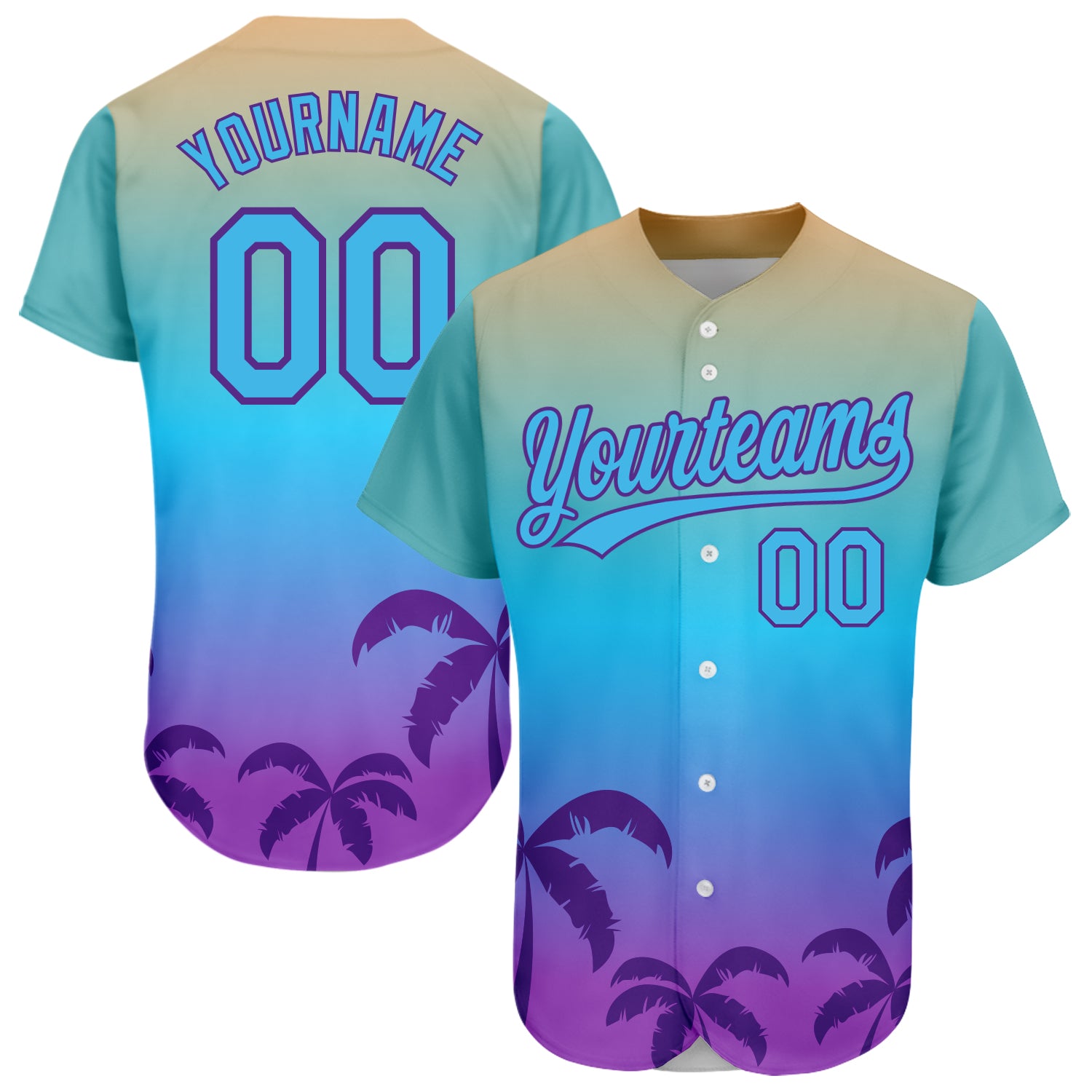 Custom Name Number Baseball Jersey Hawaii Palm Trees 3D Pattern Design in Sky Blue Purple Personalized Sky Blue Purple 3D