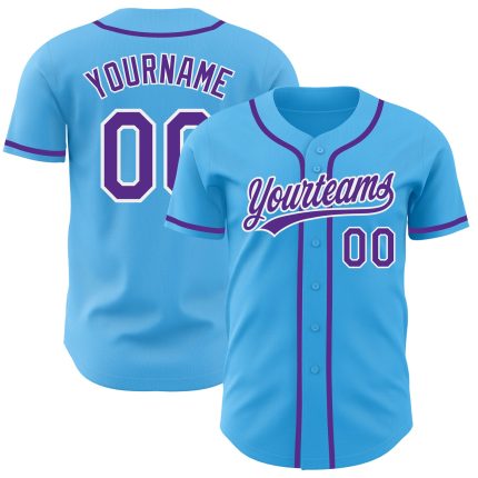 Custom Authentic Baseball Jersey with Personalized Name and Number in Sky Blue Purple-White Personalized Sky Blue Purple-White
