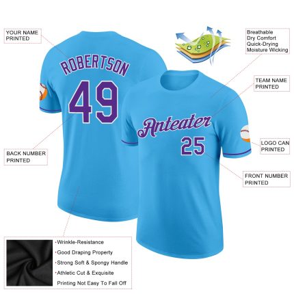 Custom Team Performance T-Shirt - Personalized Sky Blue Purple-White with Name and Number Personalized Sky Blue Purple-White