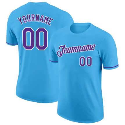 Custom Team Performance T-Shirt - Personalized Sky Blue Purple-White with Name and Number Personalized Sky Blue Purple-White