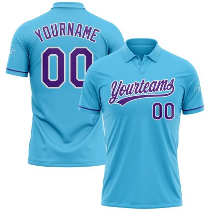 Custom Team Performance Vapor Golf Polo Shirt with Personalized Name & Number - Sky Blue Purple White Personalized Sky Blue