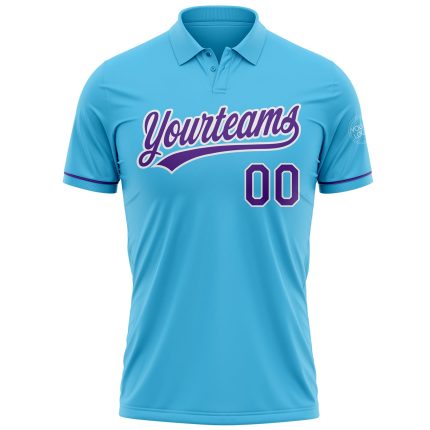 Custom Team Performance Vapor Golf Polo Shirt with Personalized Name & Number - Sky Blue Purple White Personalized Sky Blue