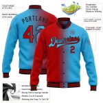 Custom Team Name Number Gradient Bomber Jacket Red-Black Sky Blue Full-Snap Varsity Fashion Jacket Personalized Sky Blue