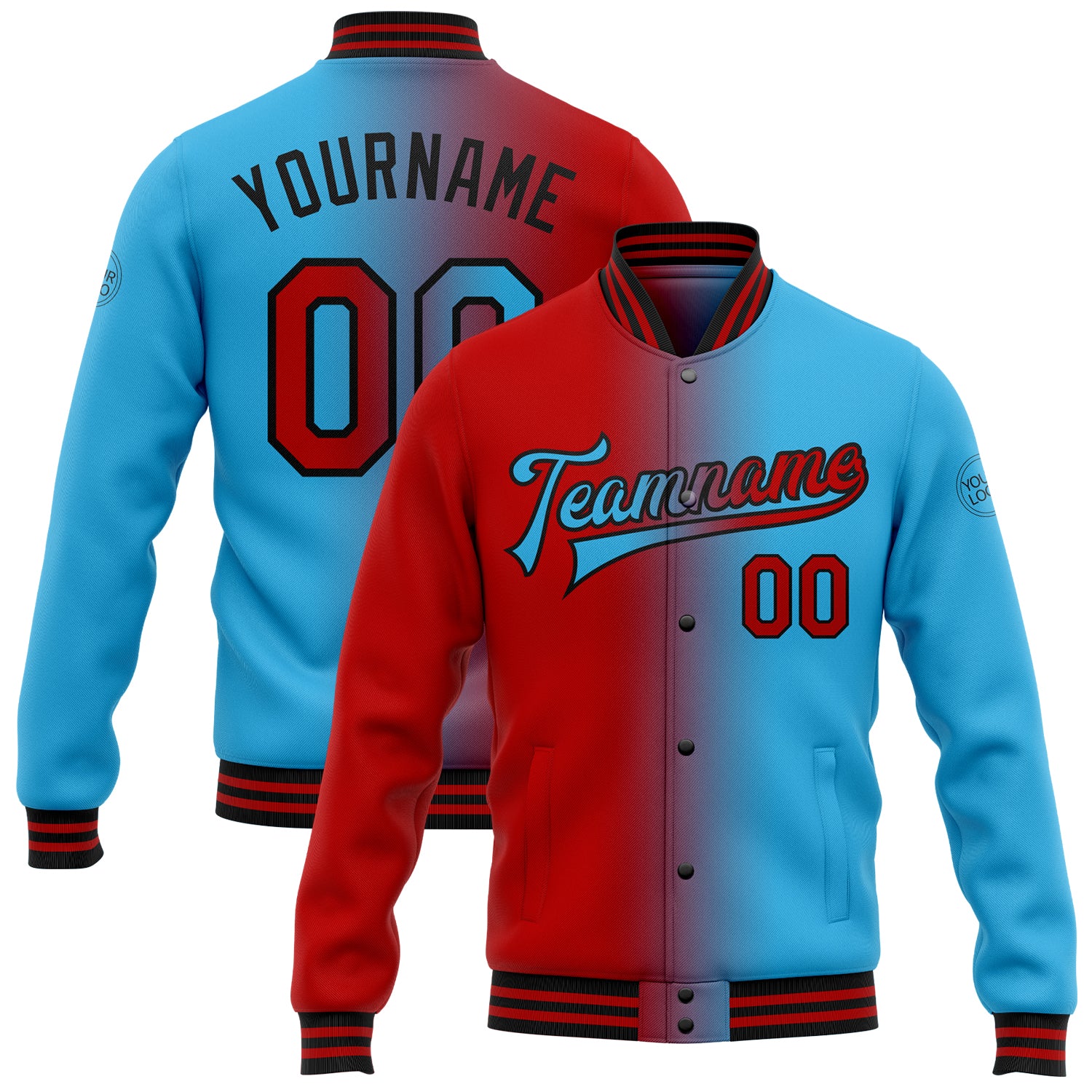Custom Team Name Number Gradient Bomber Jacket Red-Black Sky Blue Full-Snap Varsity Fashion Jacket Personalized Sky Blue