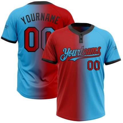 Custom Name Number Unisex Softball Jersey - Personalized Sky Blue Red-Black Gradient Two-Button Fashion Design Personalized