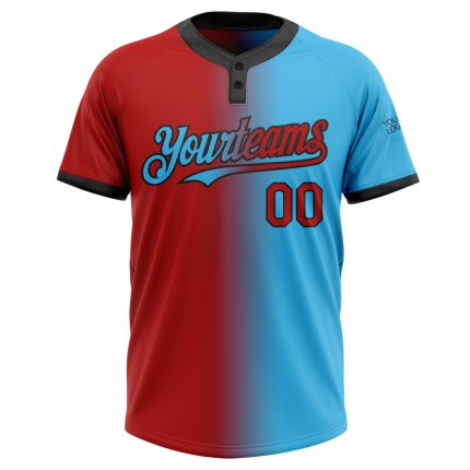Custom Name Number Unisex Softball Jersey - Personalized Sky Blue Red-Black Gradient Two-Button Fashion Design Personalized