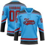 Custom Name Number Hockey Jersey - Personalized Sky Blue Red-Black Lace Neck Team Gear Personalized Sky Blue Red-Black Hockey