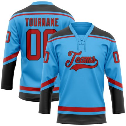 Custom Name Number Hockey Jersey - Personalized Sky Blue Red-Black Lace Neck Team Gear Personalized Sky Blue Red-Black Hockey