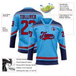 Custom Name and Number Sky Blue Red-Navy Hockey Jersey for Team, Personalized Lace Neck Design Personalized Sky Blue Red-Navy