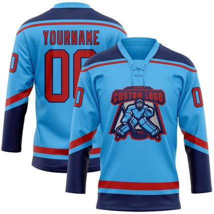 Custom Name and Number Sky Blue Red-Navy Hockey Jersey for Team, Personalized Lace Neck Design Personalized Sky Blue Red-Navy