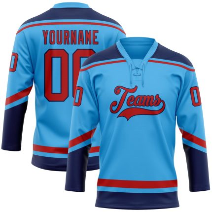 Custom Name and Number Sky Blue Red-Navy Hockey Jersey for Team, Personalized Lace Neck Design Personalized Sky Blue Red-Navy