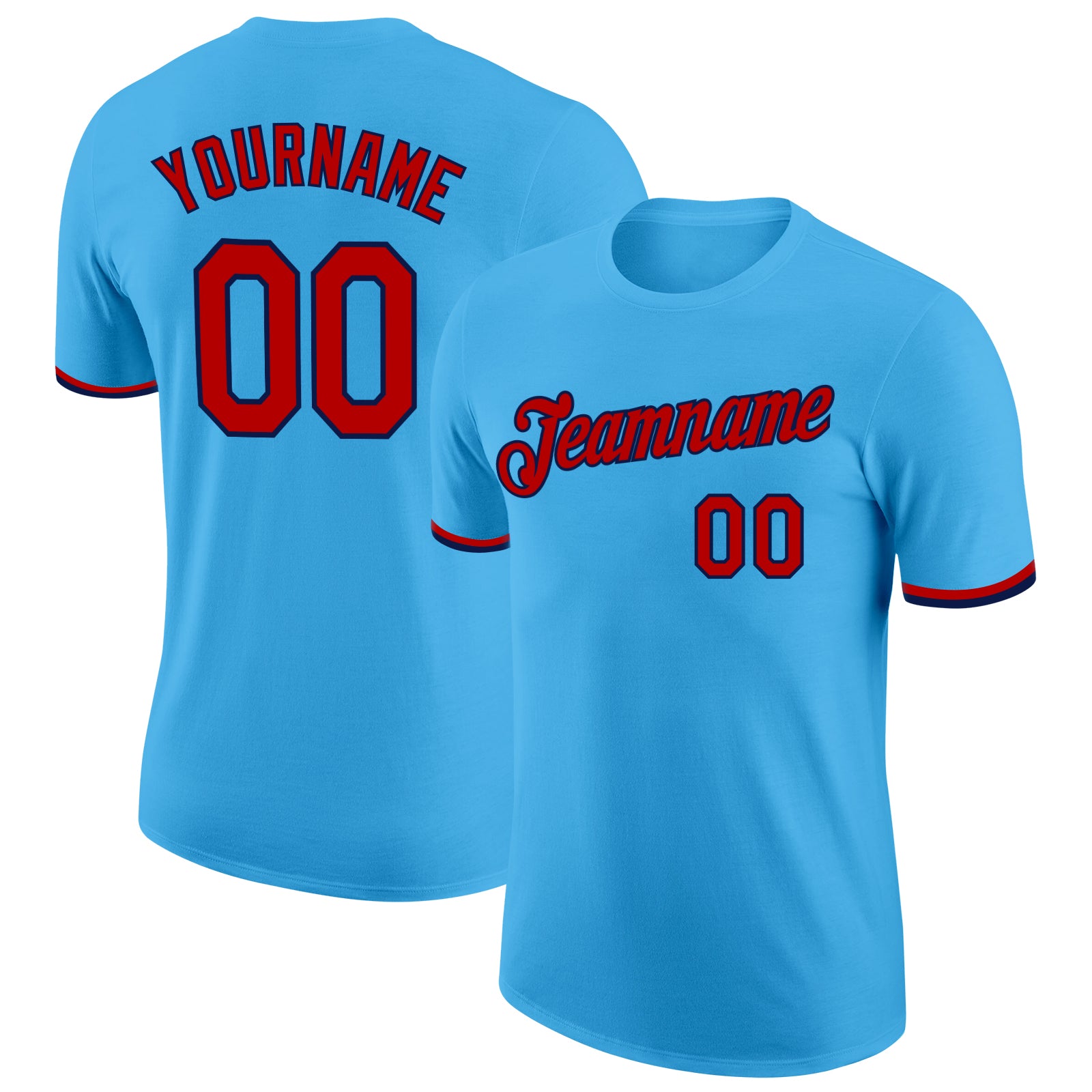 Custom Team Performance T-Shirt with Personalized Name and Number - Sky Blue Red-Navy Personalized Sky Blue Red-Navy Performance