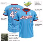 Custom Name and Number Unisex Softball Jersey Sky Blue Red Pinstripe Two-Button White Personalized Sky Blue Red Pinstripe