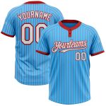 Custom Name and Number Unisex Softball Jersey Sky Blue Red Pinstripe Two-Button White Personalized Sky Blue Red Pinstripe