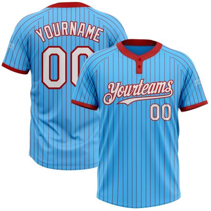 Custom Name and Number Unisex Softball Jersey Sky Blue Red Pinstripe Two-Button White Personalized Sky Blue Red Pinstripe