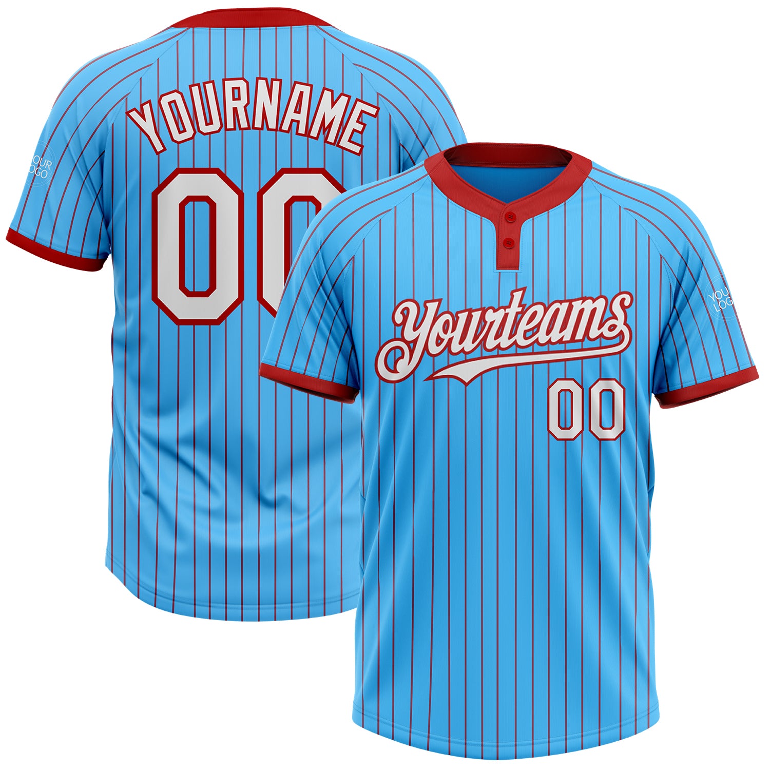 Custom Name and Number Unisex Softball Jersey Sky Blue Red Pinstripe Two-Button White Personalized Sky Blue Red Pinstripe