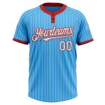 Custom Name and Number Unisex Softball Jersey Sky Blue Red Pinstripe Two-Button White Personalized Sky Blue Red Pinstripe