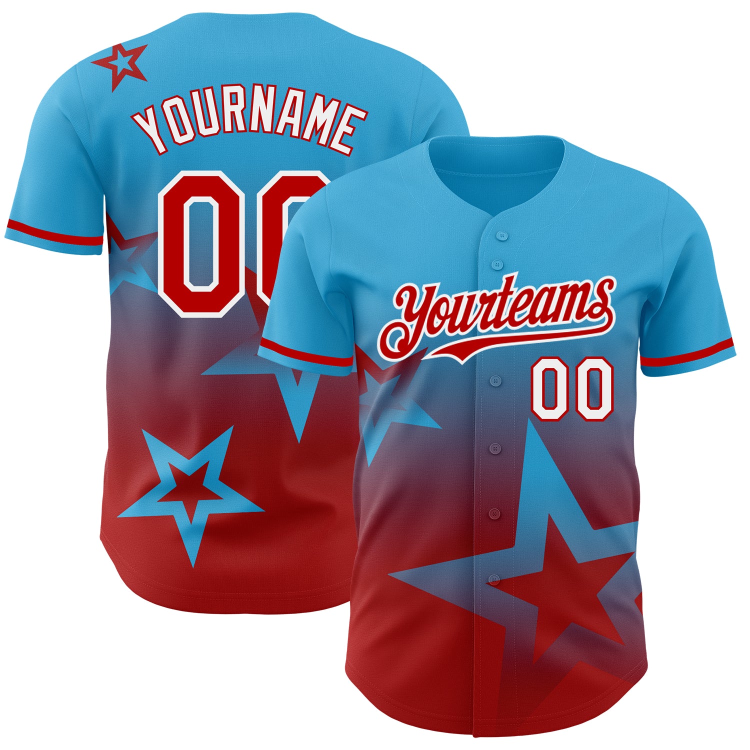 Custom Name and Number Twinkle Star Baseball Jersey - Personalized Sky Blue Red-White 3D Pattern Gradient Design Personalized