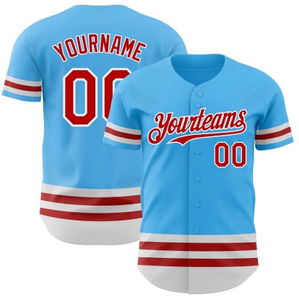 Sky Blue Custom Baseball Jersey with Red-White Line - Personalized Team Name & Number Authentic Jersey Personalized Sky Blue