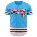Sky Blue Custom Baseball Jersey with Red-White Line - Personalized Team Name & Number Authentic Jersey Personalized Sky Blue