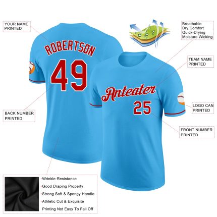 Custom Name and Number Performance T-Shirt in Sky Blue with Red and White - Personalized Team Apparel Personalized Sky Blue