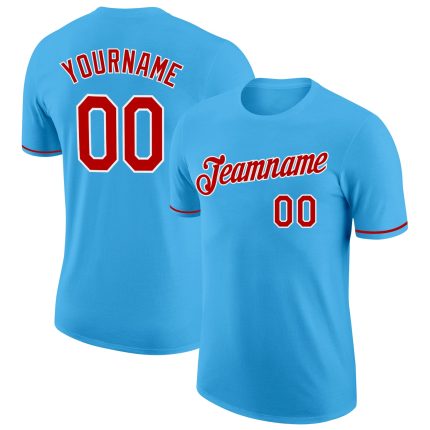Custom Name and Number Performance T-Shirt in Sky Blue with Red and White - Personalized Team Apparel Personalized Sky Blue