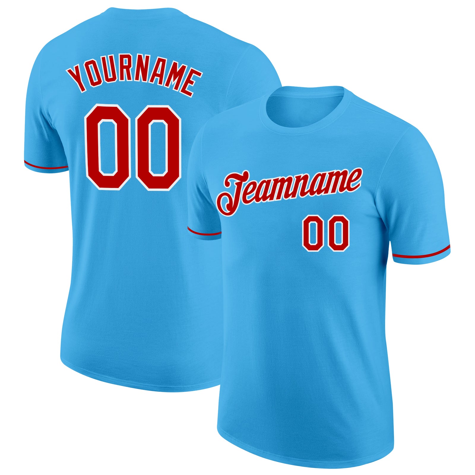 Custom Name and Number Performance T-Shirt in Sky Blue with Red and White - Personalized Team Apparel Personalized Sky Blue
