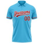 Custom Team Name Number Performance Golf Polo Shirt Sky Blue Red-White Personalized Sky Blue Red-White Performance Vapor