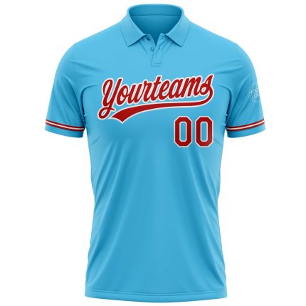 Custom Team Name Number Performance Golf Polo Shirt Sky Blue Red-White Personalized Sky Blue Red-White Performance Vapor