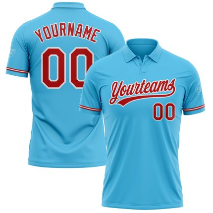 Custom Team Name Number Performance Golf Polo Shirt Sky Blue Red-White Personalized Sky Blue Red-White Performance Vapor
